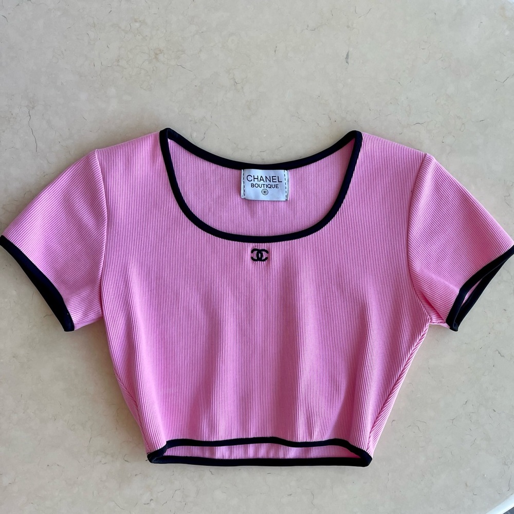 Chanel Pink Black Ribbed Crop Top 90s Rare Vintage